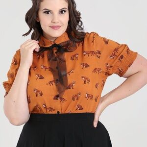 Hell Bunny vixey blouse Fox Print fitted  Blouse in Rust Orange 3XL